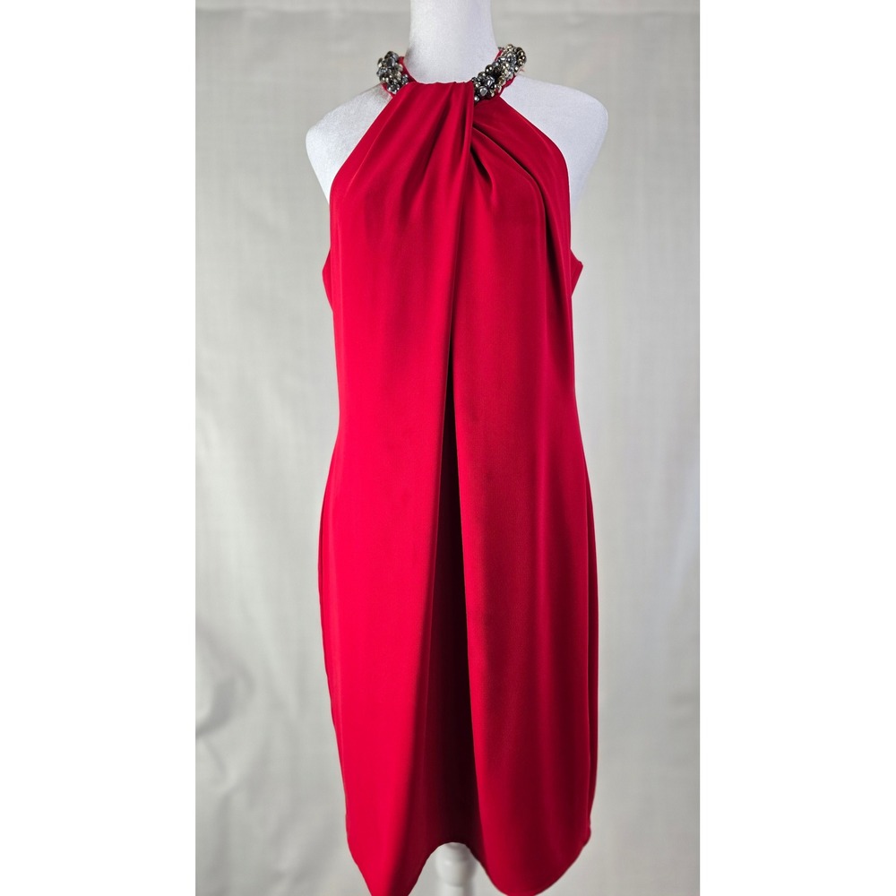 Carmen‎ Marc Valvo Red Beaded Halter Neck Cocktail Dress Sleeveless